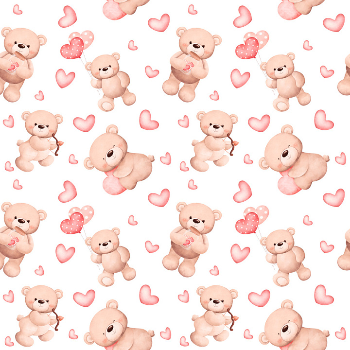 Pattern with Cute Teddy Bears and Heart Motifs in Watercolor Style seamless PBR texture preview