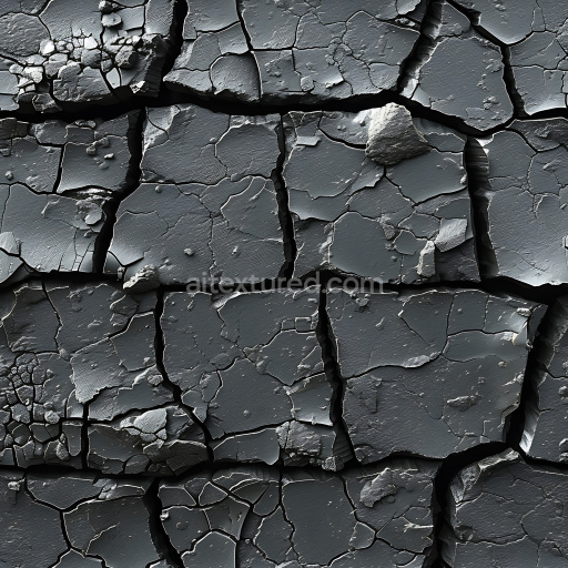 Seamless 3D PBR cracked dark metal surface texture with deep fractures and chipped edges