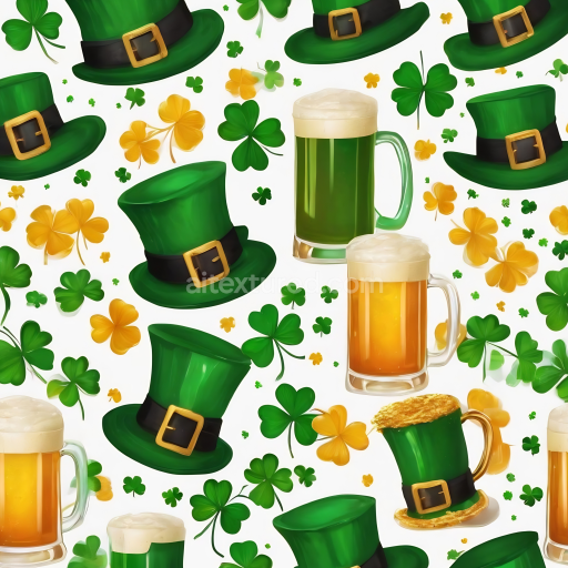 Seamless 3D PBR texture featuring St Patrick's green top hats, shamrocks, and beer mugs