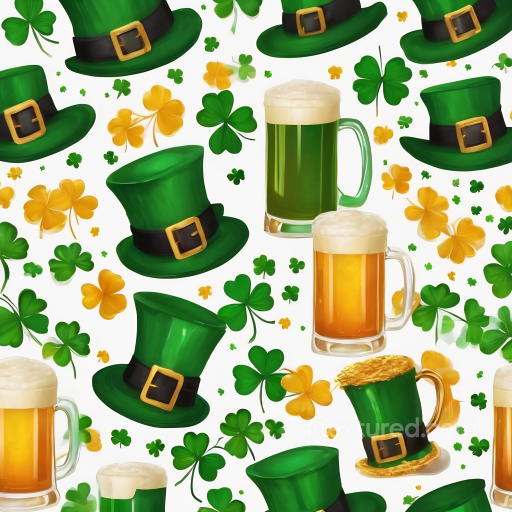 Featuring St Patrick's Green Top Hats, Shamrocks, And Beer Mugs seamless St patrick digital paper bundle PBR texture