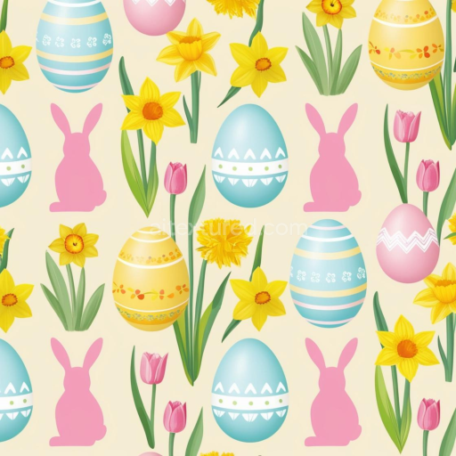 Seamless 3D PBR Texture with Colorful Easter Eggs, Pink Bunnies & Spring Flowers