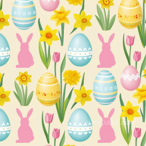 with Colorful Easter Eggs, Pink Bunnies & Spring Flowers seamless All Easter Digital paper PBR texture