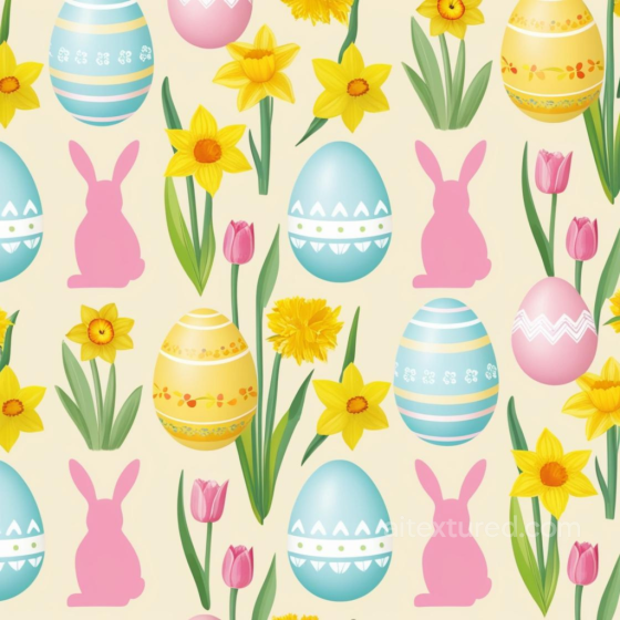 with Colorful Easter Eggs, Pink Bunnies & Spring Flowers All Easter Digital paper texture preview