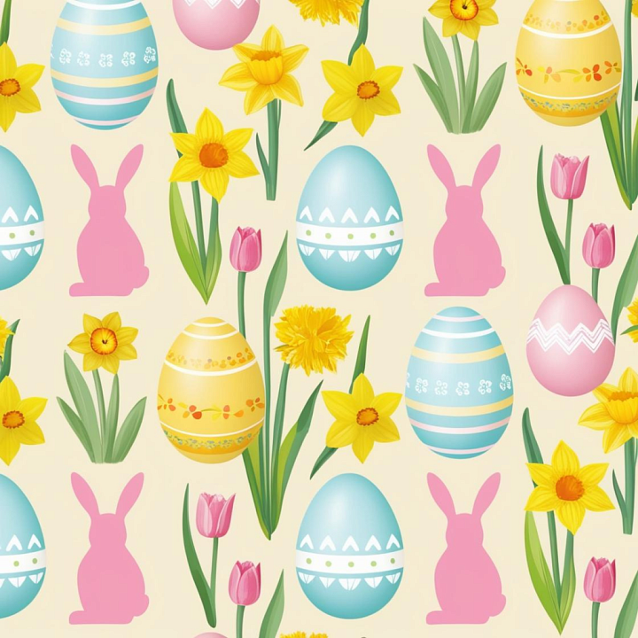 with Colorful Easter Eggs, Pink Bunnies & Spring Flowers seamless PBR texture preview