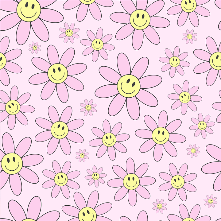 Happy Face Pattern of Cartoon Pink Flowers with Happy Face Centers seamless PBR texture preview