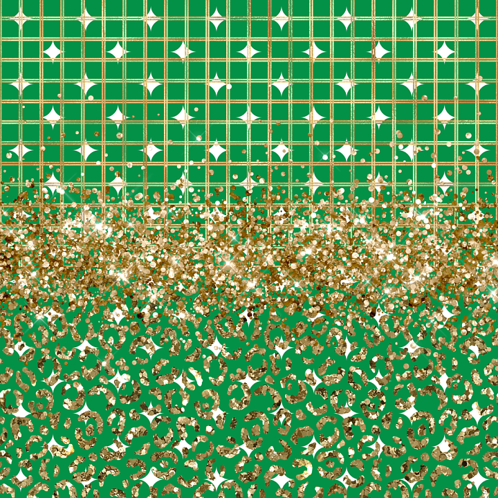 with Gold Glitter Leopard Print and Grid on Green seamless PBR texture preview