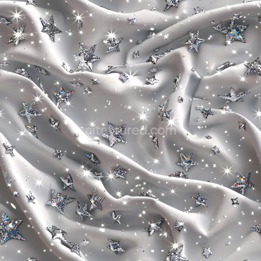 Seamless 3D PBR Texture of Glossy Silver Fabric with Sparkling Star Embellishments