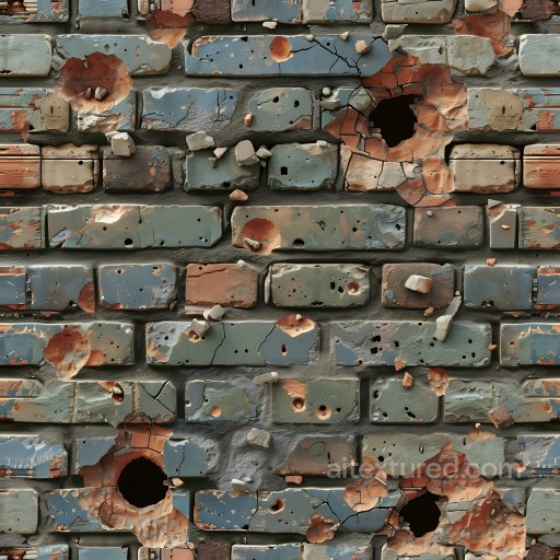 Cracked and Holed Painted Brick Wall Texture with Weathered Paint and Surface Damage seamless Cracked & Holes PBR texture