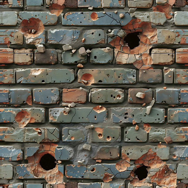 Cracked and Holed Painted Brick Wall with Weathered Paint and Surface D… seamless PBR texture preview
