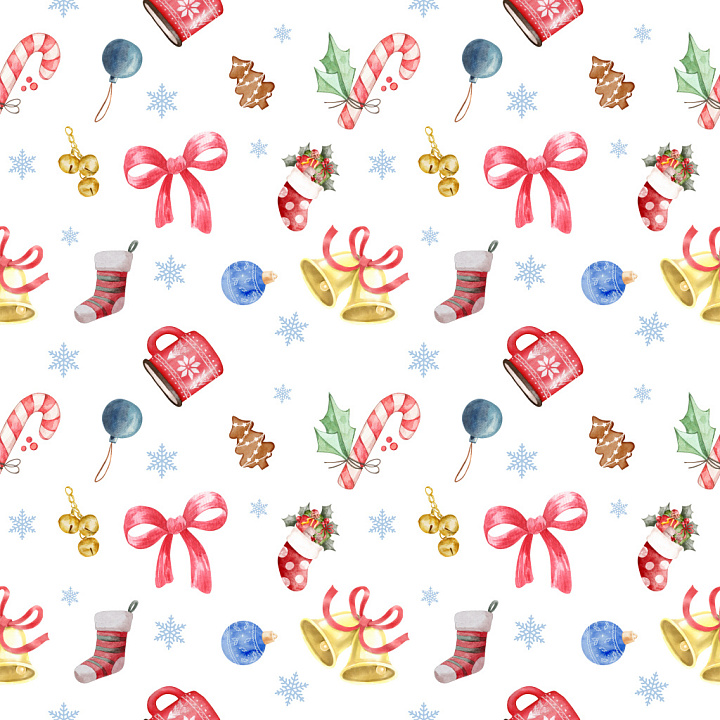 Pattern Featuring Watercolor Christmas Motifs on White seamless PBR texture preview