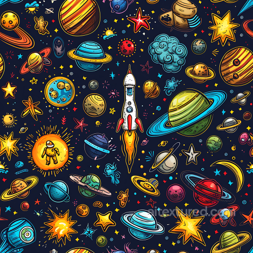 Cartoon Space PBR Texture with Colorful Planets and Rockets seamless Star, space, planets PBR texture