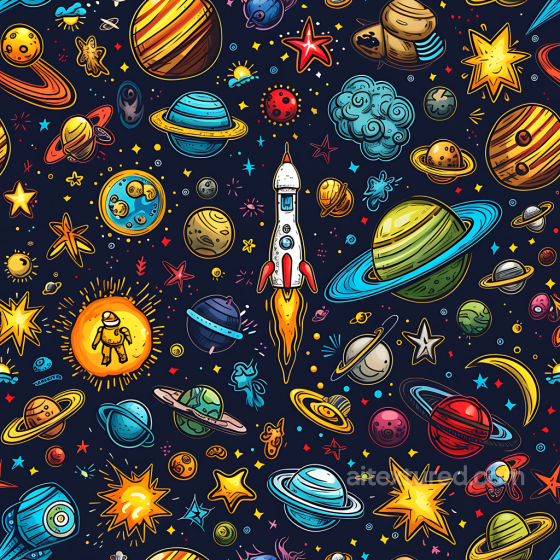 Cartoon Space PBR Texture with Colorful Planets and Rockets Star, space, planets texture preview