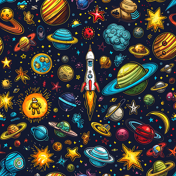Cartoon Space with Colorful Planets and Rockets seamless PBR texture preview