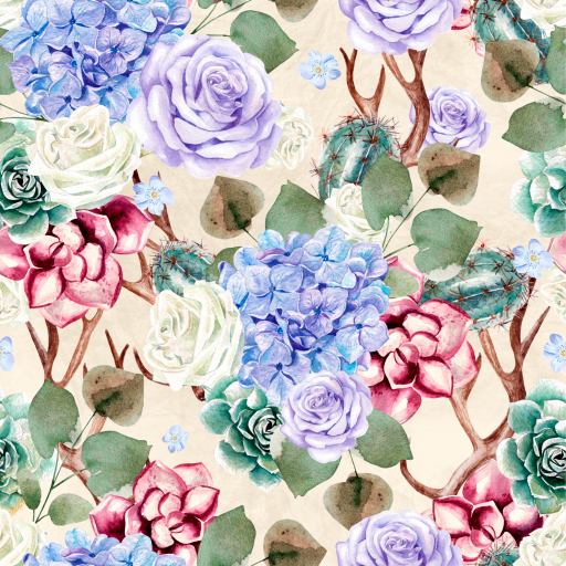 Seamless 3D PBR Texture Featuring Watercolor Floral Pattern with Roses and Succulents
