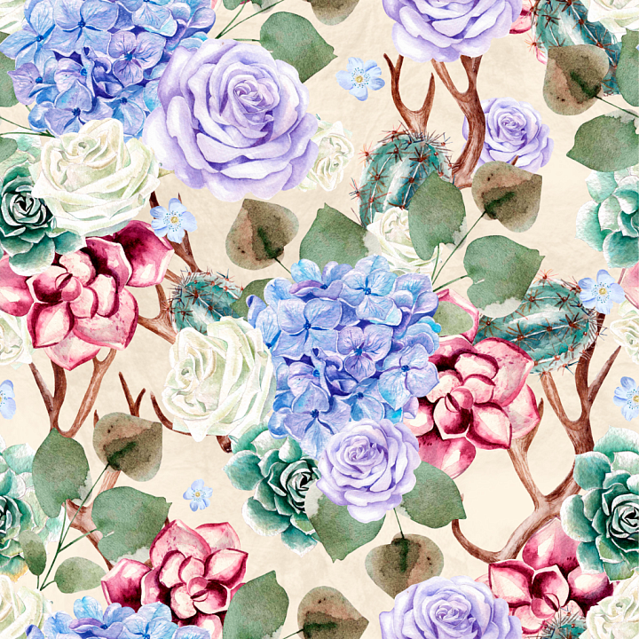 Featuring Watercolor Floral Pattern with Roses and Succulents seamless PBR texture preview