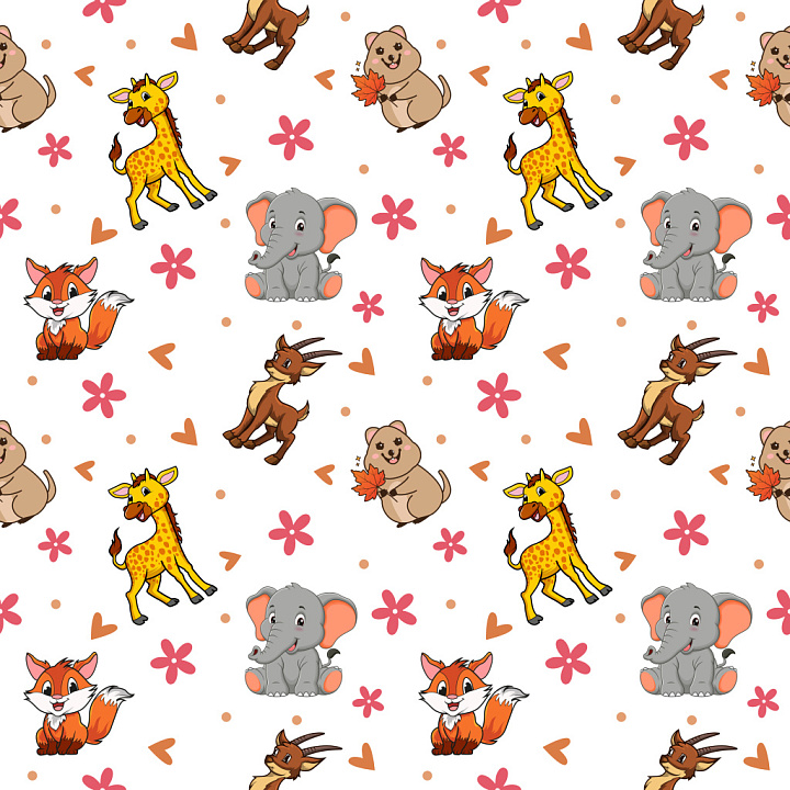 Pattern with Cute Cartoon Animal Motifs and Playful Floral Accents seamless PBR texture preview
