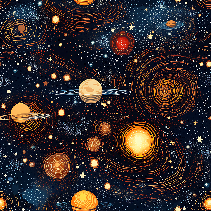 Space Featuring Stylized Galaxy Clouds, Planets, and Starfields seamless PBR texture preview