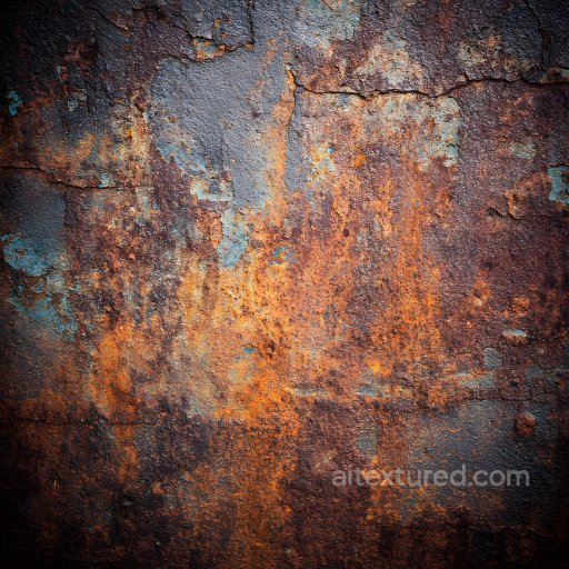 cracked and rusted metal PBR texture with rich orange and blue corrosion details texture preview