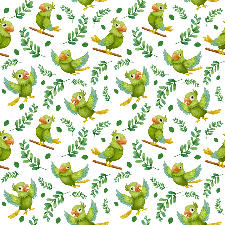 Pattern with Playful Green Parrots and Leafy Botanical Motifs seamless PBR texture preview