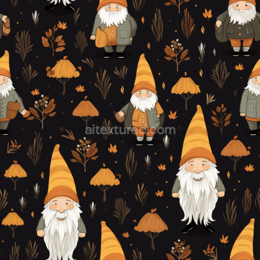 Seamless 3D PBR Texture Featuring Autumn Gnomes and Foliage on Dark Background
