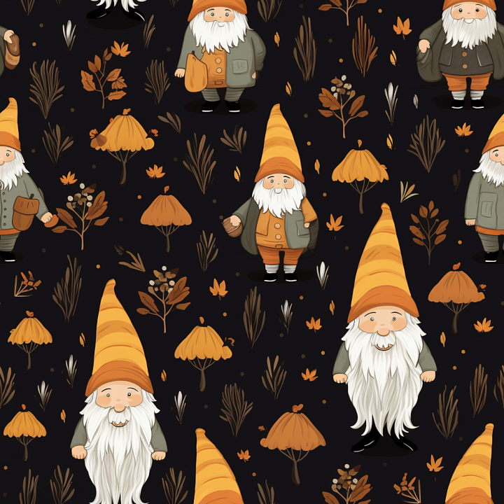 Featuring Autumn Gnomes and Foliage on Dark Background seamless PBR texture preview