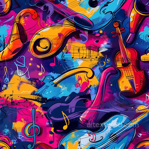 Seamless 3D PBR texture of vibrant graffiti with musical instruments and notes texture preview