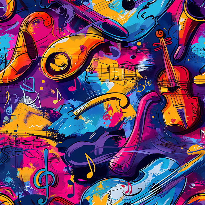 Of Vibrant Graffiti With Musical Instruments And Notes seamless PBR texture preview
