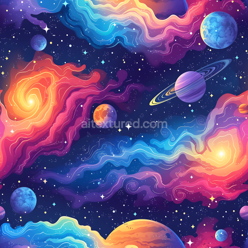 Seamless 3D Space PBR Texture Featuring Colorful Nebulae, Starfields, and Sci-Fi Planets
