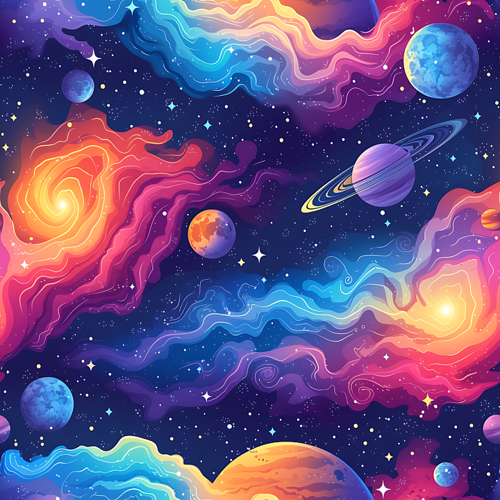 Space Featuring Colorful Nebulae, Starfields, and Sci-Fi Planets seamless PBR texture preview