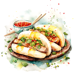 seamless Watercolor Illustration of Bao Buns with Pork Belly Breakfast texture 8k free download PBR