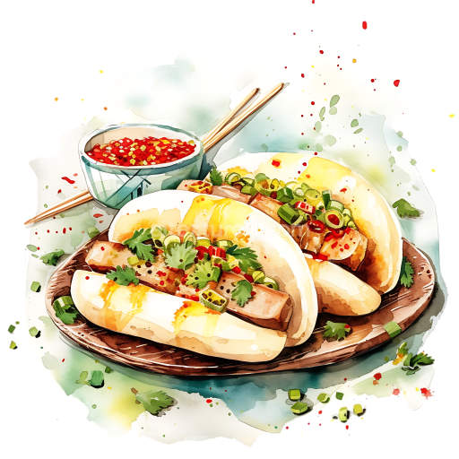 Watercolor Illustration of Bao Buns with Pork Belly Breakfast