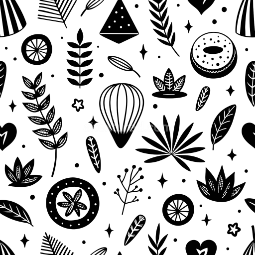 Seamless 3D PBR Texture with Black & White Hand-Drawn Botanical Motifs