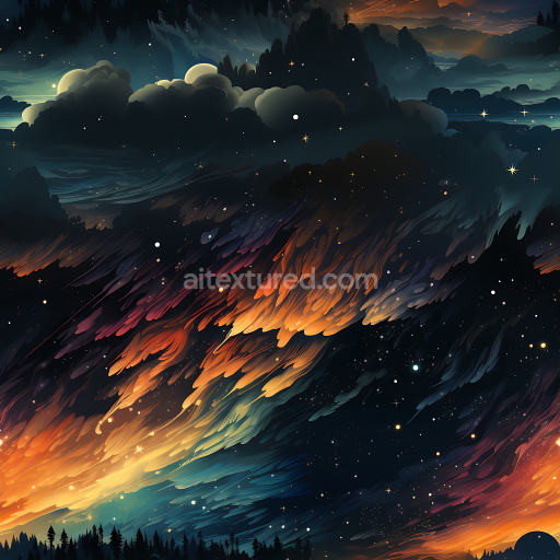 Seamless 3D PBR Cosmic Nebula Sky Texture with Fiery Streaks and Deep Stars