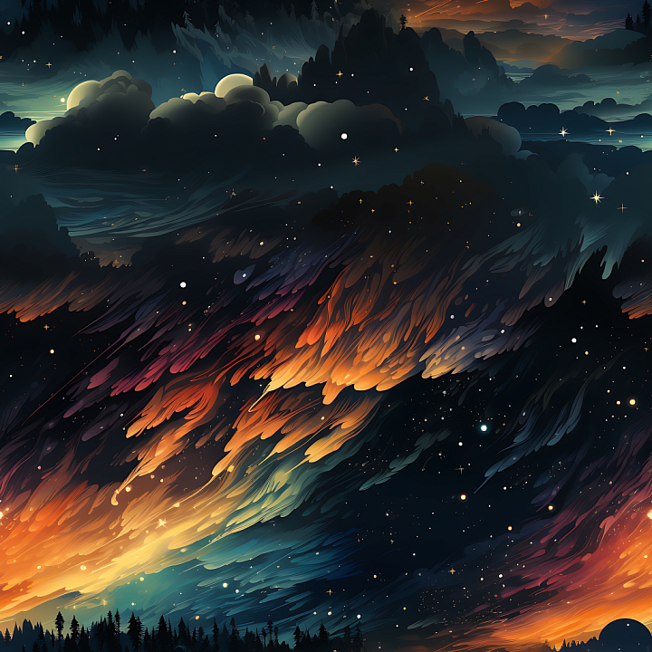 Cosmic Nebula Sky with Fiery Streaks and Deep Stars seamless PBR texture preview