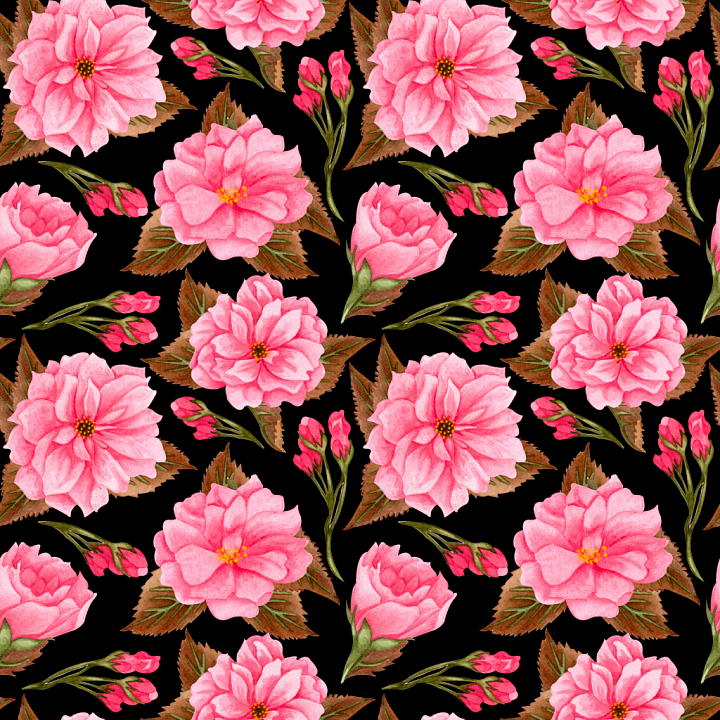 Soft Pink Flower Fabric Pattern with Green Leaves seamless PBR texture preview