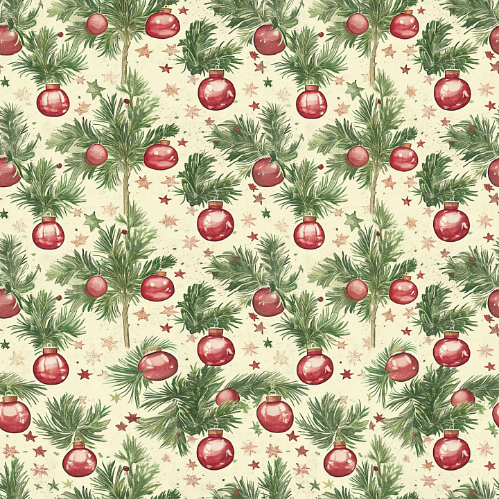 Featuring Pine Branches and Red Christmas Ornaments Wood seamless PBR texture preview