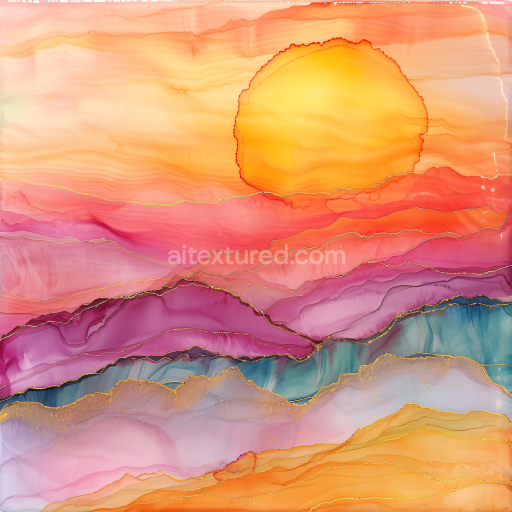 Seamless 3D Alcohol Ink PBR Texture with Vibrant Sunset Landscape and Fluid Color Layers