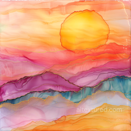 Alcohol Ink PBR Texture with Vibrant Sunset Landscape and Fluid Color Layers seamless Alcohol ink PBR texture