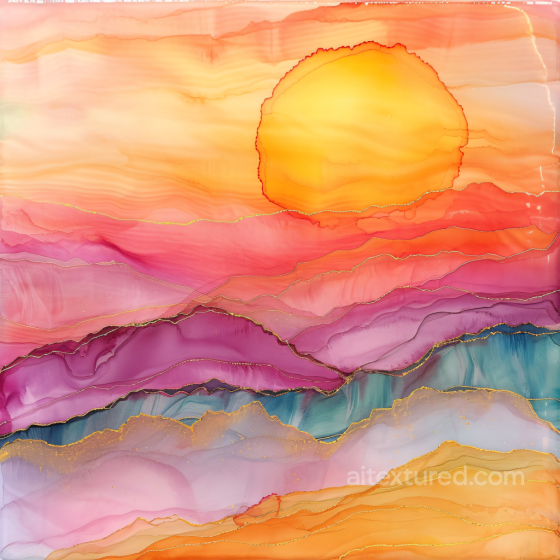 Alcohol Ink PBR Texture with Vibrant Sunset Landscape and Fluid Color Layers Alcohol ink texture preview