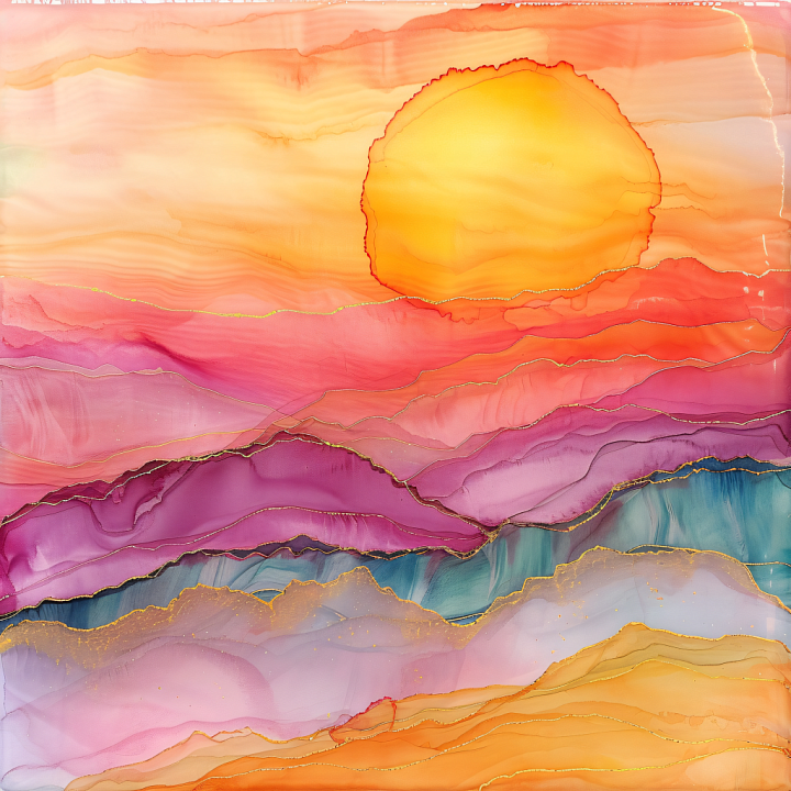 Alcohol Ink with Vibrant Sunset Landscape and Fluid Color Layers seamless PBR texture preview