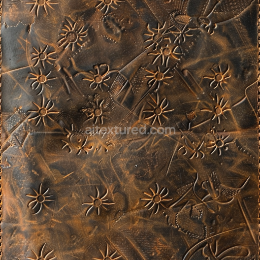 Seamless 3D PBR embossed vintage brown leather texture with floral and bird motifs