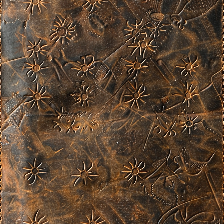 Embossed Vintage Brown Leather With Floral And Bird Motifs seamless PBR texture preview