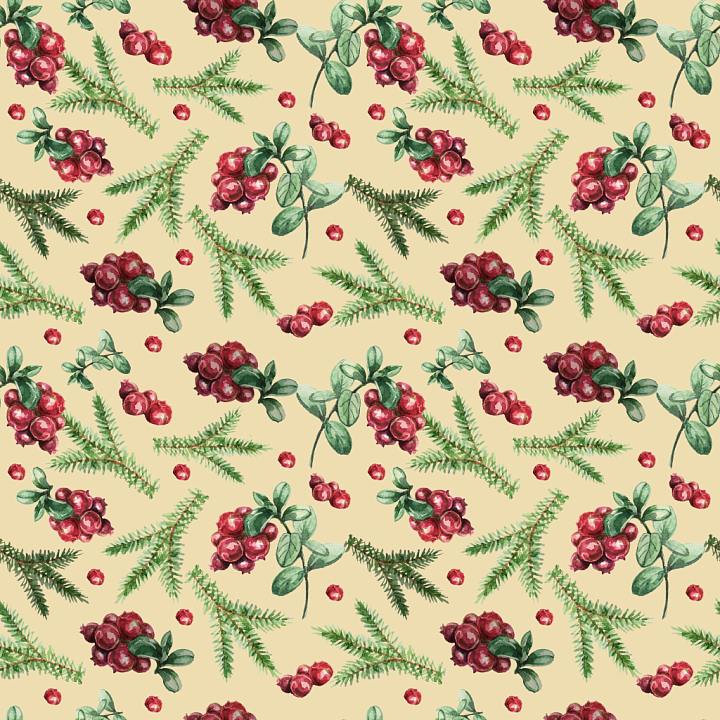 Featuring Watercolor Christmas Berries and Pine Sprigs on Beige Backgro… seamless PBR texture preview