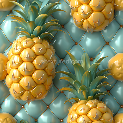 Seamless 3D inflated PBR texture featuring glossy teal vinyl panels with raised quilting and stylized golden pineapples