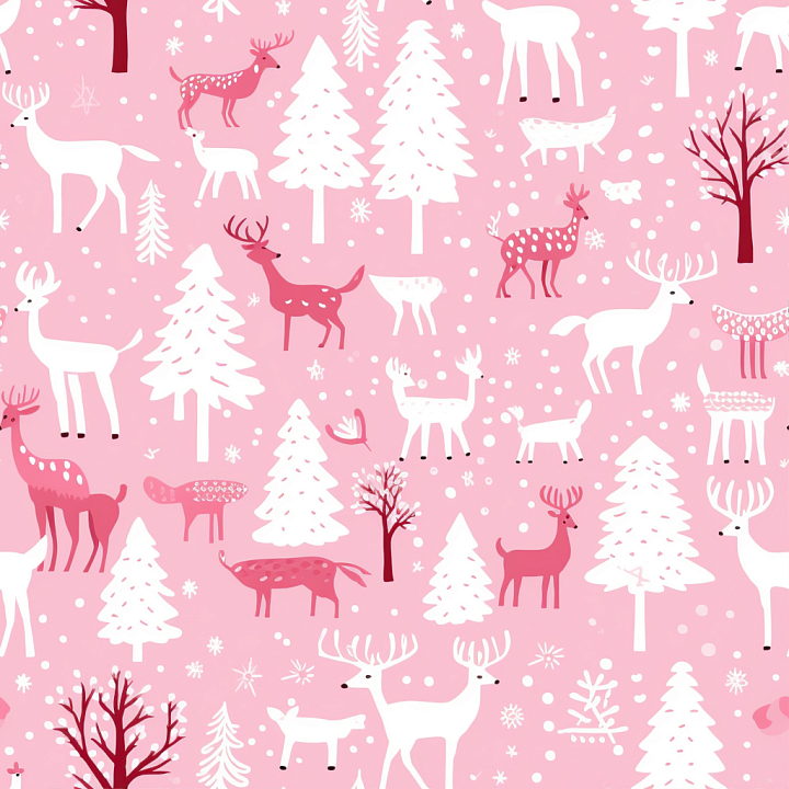 Christmas Digital Paper With Pink Deer And White Pine Trees Wood seamless PBR texture preview