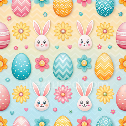 seamless Seamless 3D PBR Easter Digital Paper Texture Featuring Colorful Eggs, Bunny Faces & Flowers texture 8k free download PBR