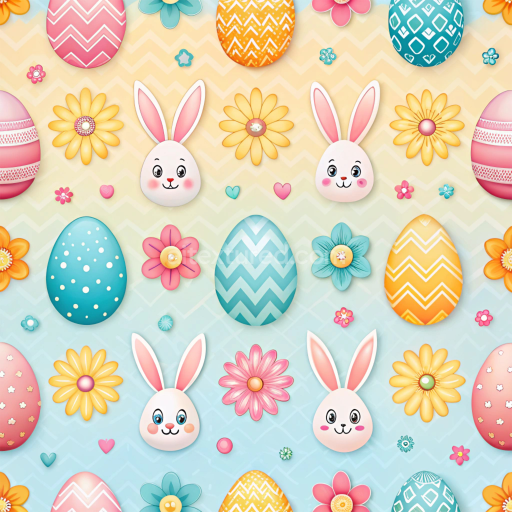 Seamless 3D PBR Easter Digital Paper Texture Featuring Colorful Eggs, Bunny Faces & Flowers