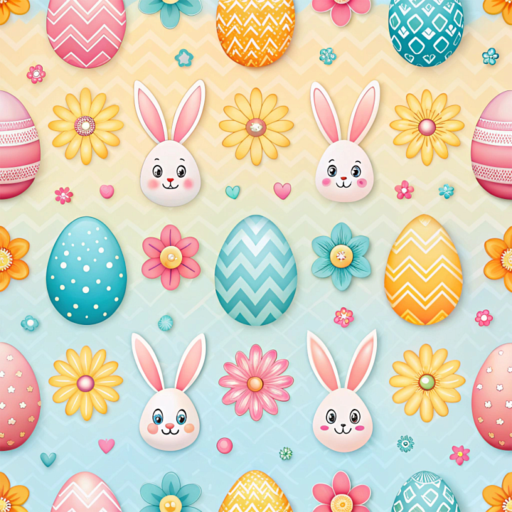Easter Digital Paper Featuring Colorful Eggs, Bunny Faces & Flowers seamless PBR texture preview