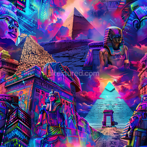 Seamless 3D PBR graffiti texture showcasing vivid Egyptian murals and pyramids