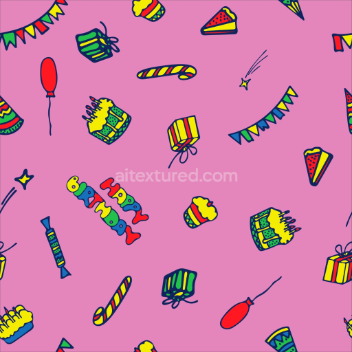 Seamless 3D PBR Birthday Gift Wrap Texture with Cute Festive Icons on Pink